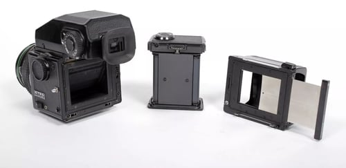 Image of Bronica ETRS 6X4.5 medium format camera w/ 75mm EII lens + AE II Prism + 2 backs #4254