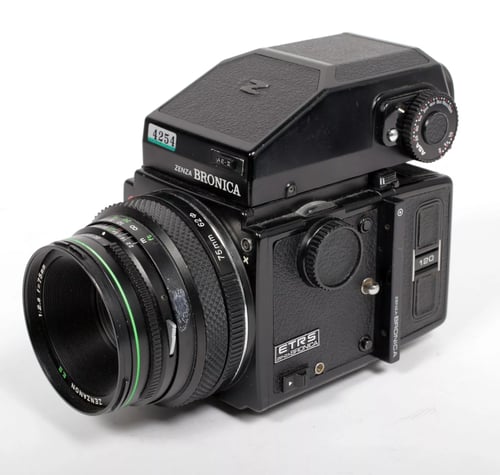 Image of Bronica ETRS 6X4.5 medium format camera w/ 75mm EII lens + AE II Prism + 2 backs #4254