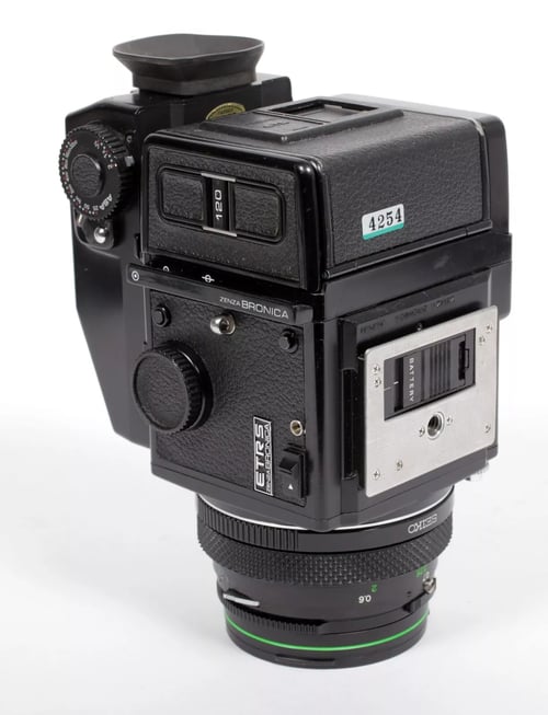 Image of Bronica ETRS 6X4.5 medium format camera w/ 75mm EII lens + AE II Prism + 2 backs #4254