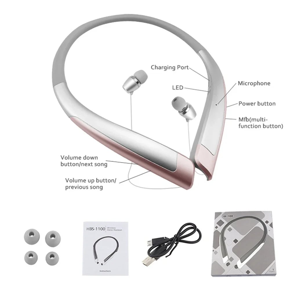 HBS-1100 Stereo Bluetooth Neckband Headphones Fashion Wireless Hands-Free Binaural Universal Sound