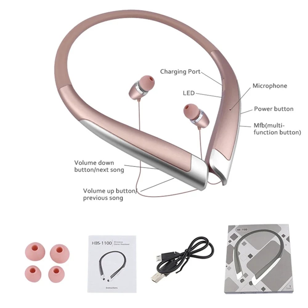 HBS-1100 Stereo Bluetooth Neckband Headphones Fashion Wireless Hands-Free Binaural Universal Sound