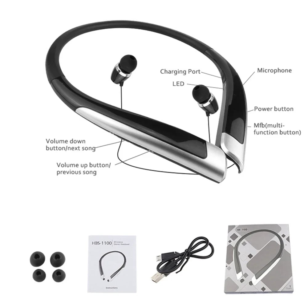HBS-1100 Stereo Bluetooth Neckband Headphones Fashion Wireless Hands-Free Binaural Universal Sound