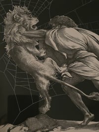Image 2 of “Samson and the lion” 1800s Bible page with preserved web