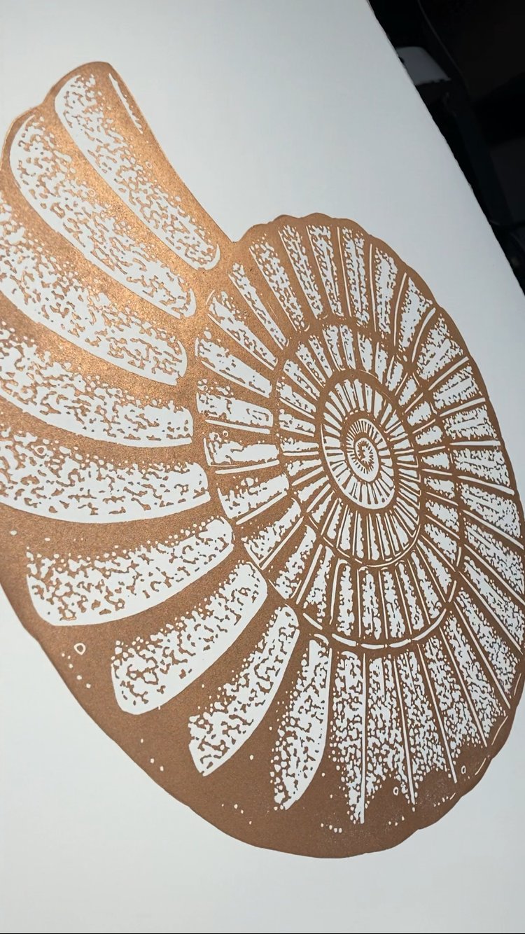 Ammonite linocut print - metallic copper