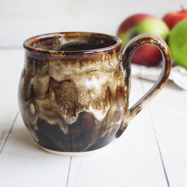 Image of Handmade Pottery Mug in Brown and Black Rustic Glazes, 16 oz. Ceramic Coffee Cup Made in USA