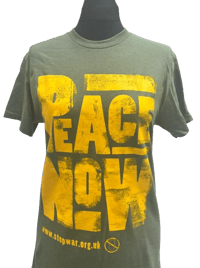 Image of Distressed Peace Now Logo T-Shirt - Yellow on Khaki Green