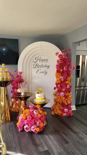 Image of HOT PINK AND ORANGE  Silk Flowers and White Backdrop 