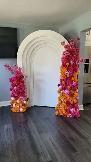 Image of HOT PINK AND ORANGE  Silk Flowers and White Backdrop 