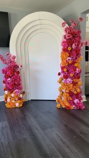 Image of HOT PINK AND ORANGE  Silk Flowers and White Backdrop 