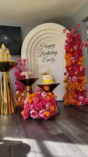 Image of HOT PINK AND ORANGE  Silk Flowers and White Backdrop 