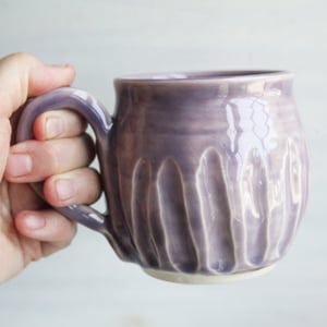 Image of Hand Carved Lilac Stoneware Mug, Unique Pottery Mug, Made in USA