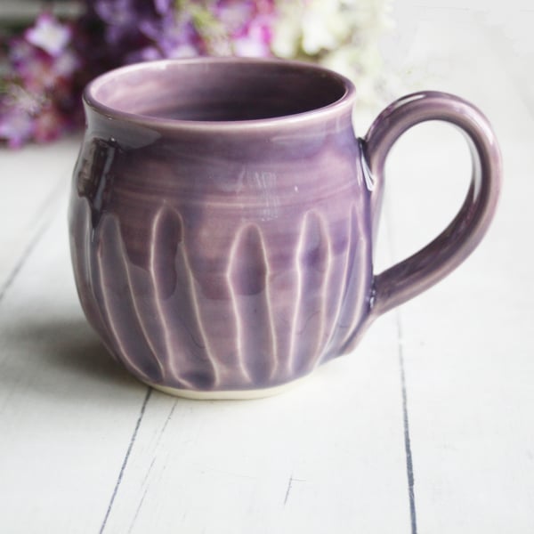 Image of Hand Carved Lilac Stoneware Mug, Unique Pottery Mug, Made in USA