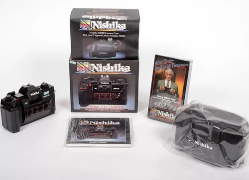 Image of NOS IN BOX Nishika N8000 35mm 3D kit with Vincent Price video case flash #4174