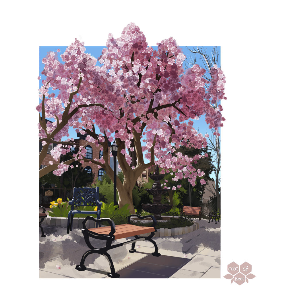 Image of Flowering Tree and Bench Print