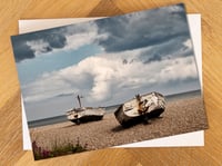 Aldeburgh Greeting Card. 'Two Belles & Dorothy May Fishing Boats on Aldeburgh Beach'.