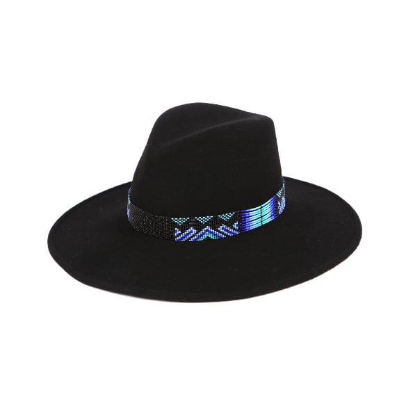 Black Wide Brim Fedora with Tribal Beaded Band 