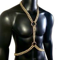 Image 2 of Burning Man Body Gold Rhinestone Chest Chain Harness for Men, Festival Rave Punk Chest Harness