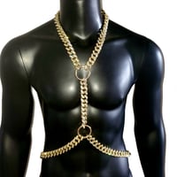 Image 1 of Burning Man Body Gold Rhinestone Chest Chain Harness for Men, Festival Rave Punk Chest Harness