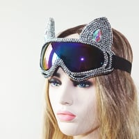 Image 1 of Holographic Silver Rhinestone Cat Goggle, Burning Man Festival Mask Costume Headpiece Cyber Goggles