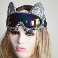 Image 2 of Holographic Silver Rhinestone Cat Goggle, Burning Man Festival Mask Costume Headpiece Cyber Goggles