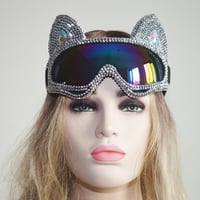 Image 3 of Holographic Silver Rhinestone Cat Goggle, Burning Man Festival Mask Costume Headpiece Cyber Goggles