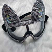 Image 1 of  Burning Man Festival Mask Costume Headpiece Cyber Goggles,Holographic Silver Rhinestone Cat Goggle