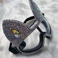 Image 2 of  Burning Man Festival Mask Costume Headpiece Cyber Goggles,Holographic Silver Rhinestone Cat Goggle