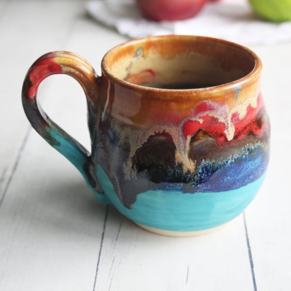 Image of Stoneware Coffee Mug in Multi Colored Glazes, Artfully Glazed Coffee Cup, 15 oz. Handmade in USA