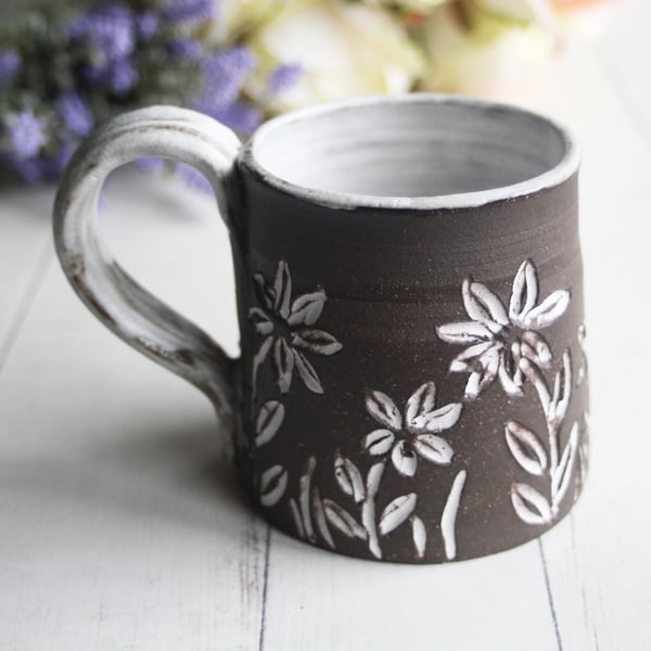 Image of Pottery Mug with Dark Brown Raw Stone Clay, 11 Ounce Coffee Cup with Carved Flowers, Made in USA