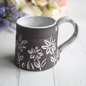 Image of Pottery Mug with Dark Brown Raw Stone Clay, 11 Ounce Coffee Cup with Carved Flowers, Made in USA