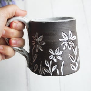 Image of Pottery Mug with Dark Brown Raw Stone Clay, 11 Ounce Coffee Cup with Carved Flowers, Made in USA