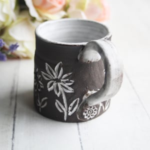 Image of Pottery Mug with Dark Brown Raw Stone Clay, 11 Ounce Coffee Cup with Carved Flowers, Made in USA