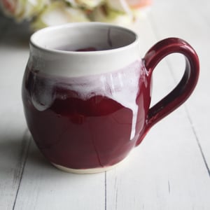 Image of Ox Blood Red and White Glazed Mug, Tea Cup with Warming Lid, Made in USA