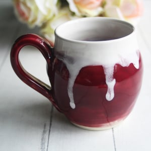 Image of Ox Blood Red and White Glazed Mug, Tea Cup with Warming Lid, Made in USA