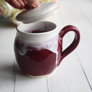 Image of Ox Blood Red and White Glazed Mug, Tea Cup with Warming Lid, Made in USA