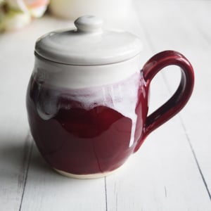 Image of Ox Blood Red and White Glazed Mug, Tea Cup with Warming Lid, Made in USA