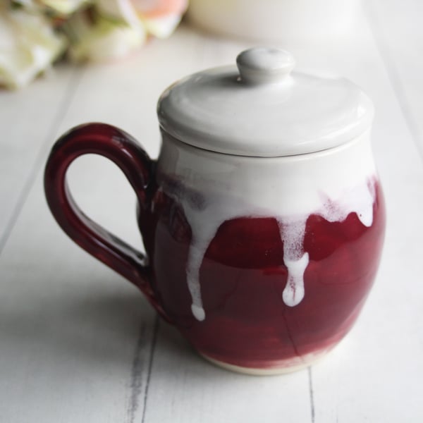 Image of Ox Blood Red and White Glazed Mug, Tea Cup with Warming Lid, Made in USA