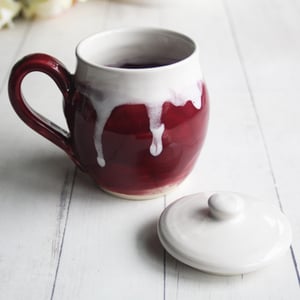 Image of Ox Blood Red and White Glazed Mug, Tea Cup with Warming Lid, Made in USA