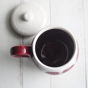 Image of Ox Blood Red and White Glazed Mug, Tea Cup with Warming Lid, Made in USA