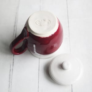 Image of Ox Blood Red and White Glazed Mug, Tea Cup with Warming Lid, Made in USA