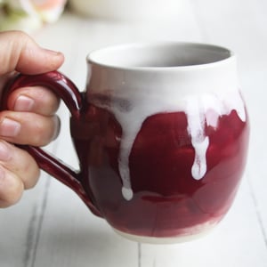 Image of Ox Blood Red and White Glazed Mug, Tea Cup with Warming Lid, Made in USA