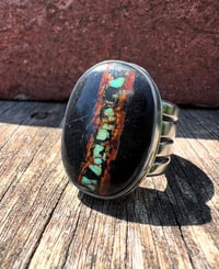 Image 2 of WL&A Handmade Heavy Ingot Cuatro Black Jack Turquoise Ring - Size 11.5 