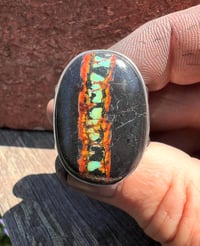 Image 4 of WL&A Handmade Heavy Ingot Cuatro Black Jack Turquoise Ring - Size 11.5 