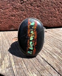 Image 3 of WL&A Handmade Heavy Ingot Cuatro Black Jack Turquoise Ring - Size 11.5 