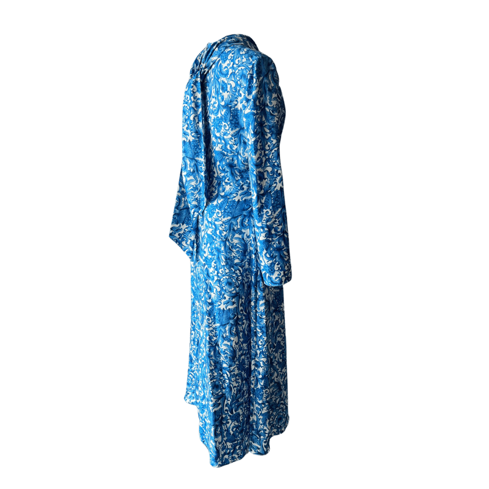 Image of VALENTINO TIE NECK BLUE FLORAL SILK DRESS