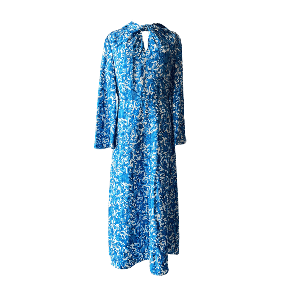 Image of VALENTINO TIE NECK BLUE FLORAL SILK DRESS