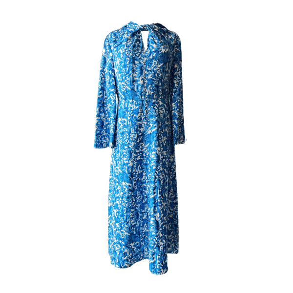 Image of VALENTINO TIE NECK BLUE FLORAL SILK DRESS