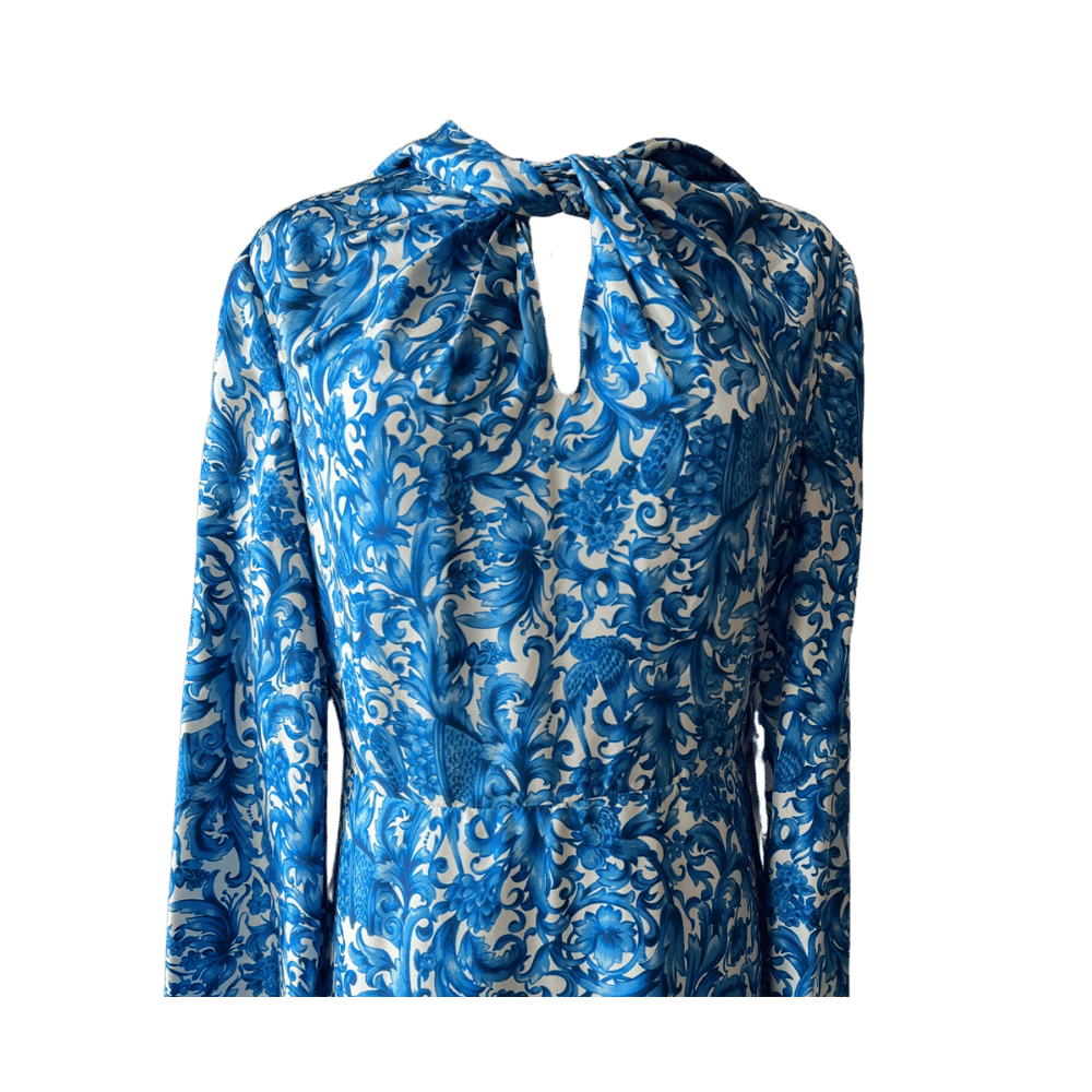 Image of VALENTINO TIE NECK BLUE FLORAL SILK DRESS