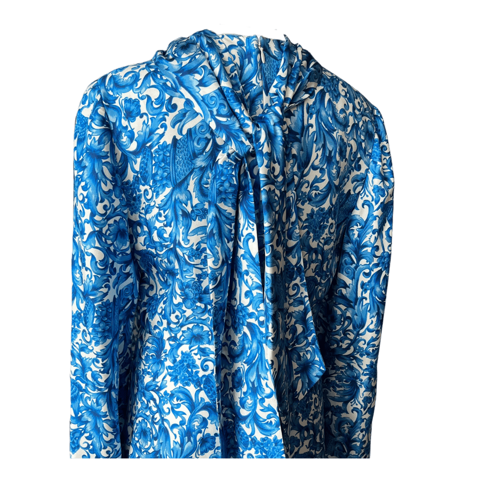 Image of VALENTINO TIE NECK BLUE FLORAL SILK DRESS