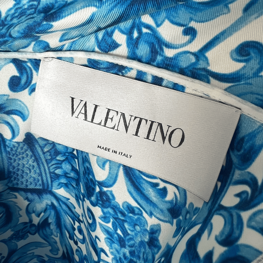 Image of VALENTINO TIE NECK BLUE FLORAL SILK DRESS